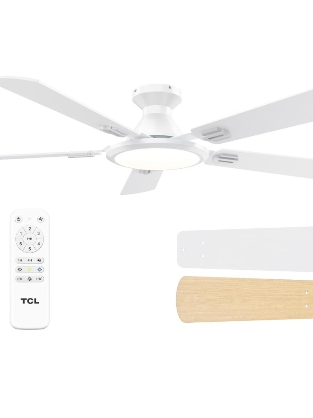 TCL 52" Flush Mount Ceiling Fan w/ LED Light Remote DC Motor 6 Speed White